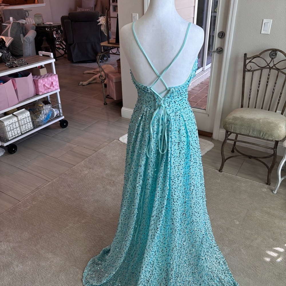 NEW Aqua Dress Cowl Neckline Seafoam Blue Strapless Prom Dress NWOT Size L/12 - Picture 6 of 12